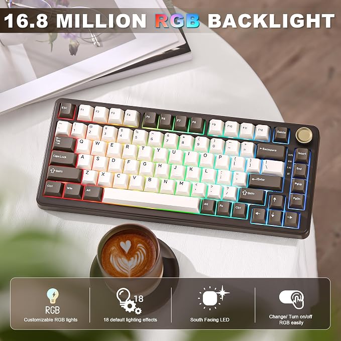 YUNZII B75 PRO Wireless Mechanical Keyboard,75% Layout with Knob,Hot Swap Gasket Structure,Creamy Pre-lubed Switches,RGB Backlit,Bluetooth/Type-C/2.4G for Win/Mac (Coffee Brown, Cocoa Cream V2 Switch)