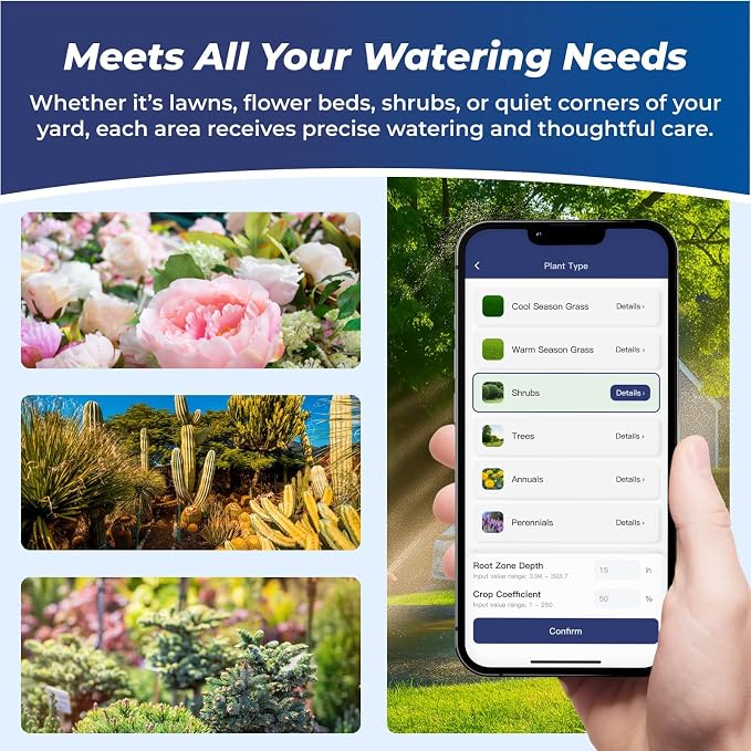 Indoor Smart Sprinkler Controller 6 Zone, WiFi Automatic Irrigation Timer, Easy-Use App Remote Control, Flexible Programs, Save Water via Rain, Wind&Freeze Skip,Quick Install, with Alexa