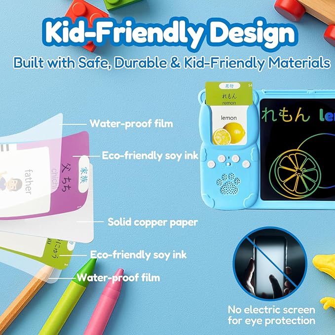 Drawing Tablet with Bilingual Flashcards for Kids - Japanese English Talking Flash Cards, LCD Writing Pad Board, Pocket Speech for Toddlers, Learning Toy Gift for Boy Girls (Japanese, Blue)