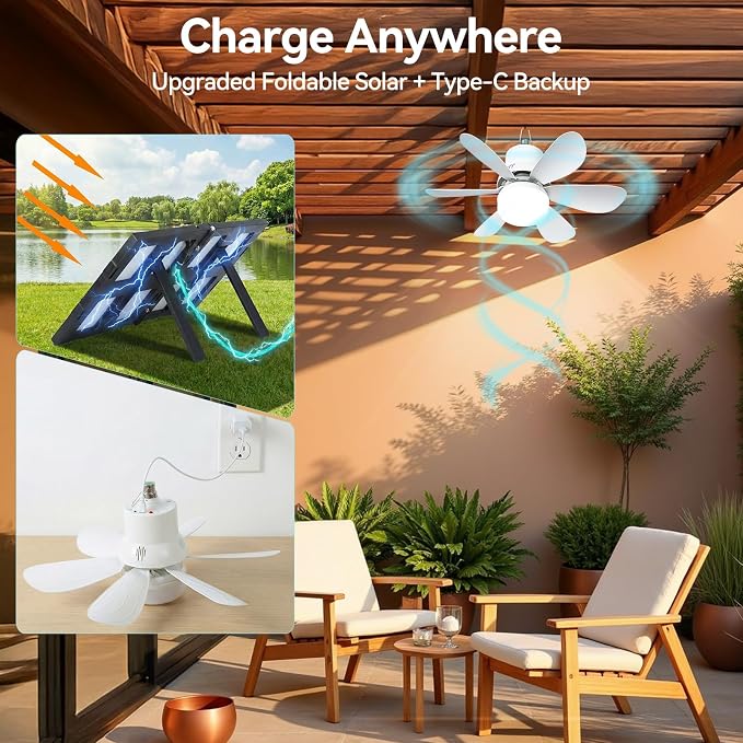 Portable Solar Ceiling Fan with Lights,18.5in Outdoor Fan with Foldable Solar Panel, Remote Control Stepless Dimmable, Timer, 3 Speeds 30dB, Tool-Free Setup for Camping Greenhouse Chicken Coop, White