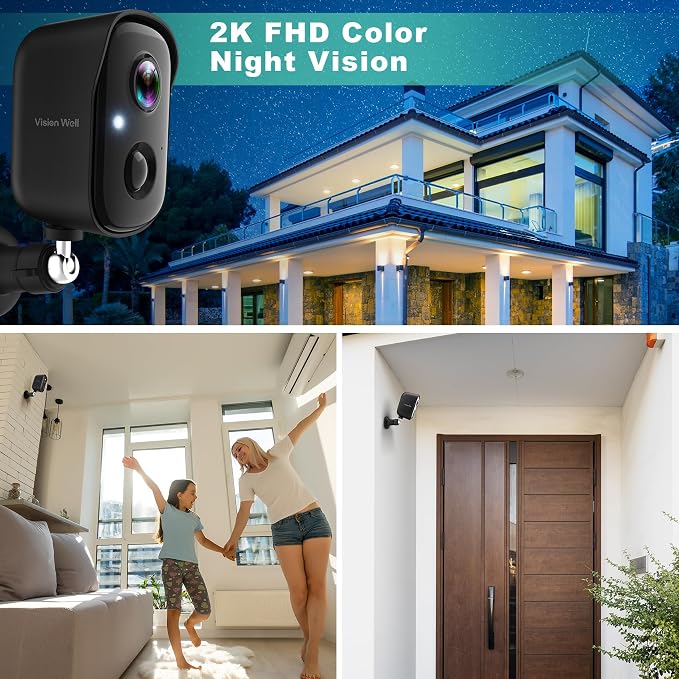 Security Cameras Wireless Outdoor, 2K Indoor Cameras for Home Security Battery Powered, AI Motion Detection, Color Night Vision, 2-Way Talk, Spotlight Siren Alarm, Cloud & SD Storage-Jet Black Camera