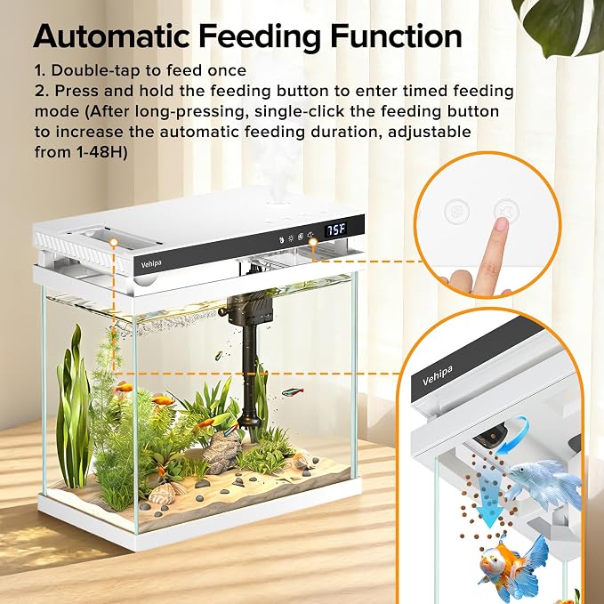 Vehipa Fish Tank Aquarium, 2.2 Gallon Smart Fish Aquarium Kits with Auto Feeder, Silent Water Pump, Temperature Display, Smart Humidifier & 7-Color Lighting, for Office & Home - White