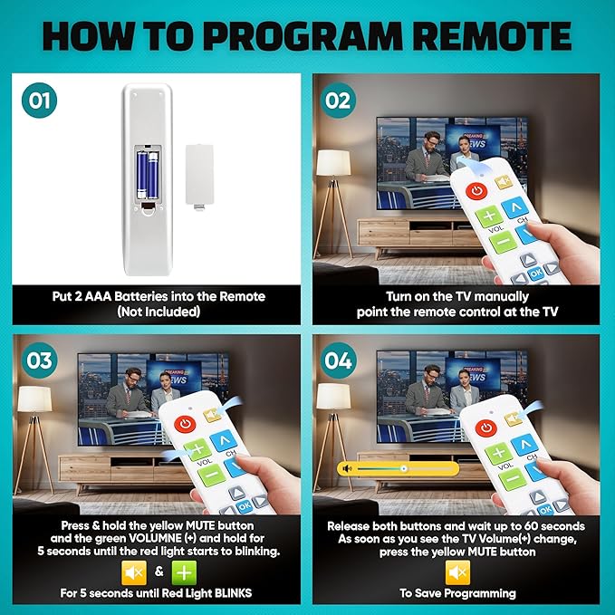 EZclicker Big Button Universal TV Remote (White) Simple Easy to Use, Great for Seniors, Works with Major TV Brands (2xAAA Batteries Not Included)