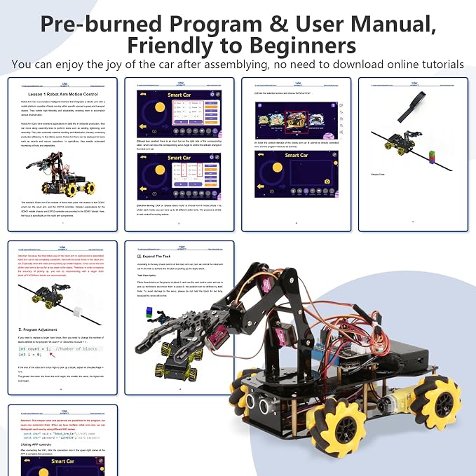 ACEBOTT 5DOF Smart Robot Arm Car Kit, 4WD Remote Control Car Compatible with Arduino/Python/Blockly Programming Project/STEM Education/Science Coding Kit for 12+ Teens and Adults Unique Gifts