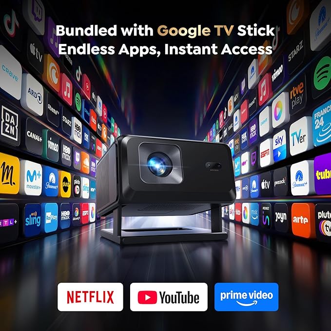 Smart Projector [Bundled with Google TV Stick & 4K Support] with WiFi and Bluetooth, Portable Mini Movie Short Throw Projector Outdoor with Built-in Apps Auto Focus for Home Theater Bedroom Ceiling