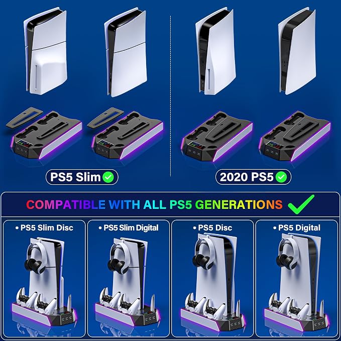 PS5 / PS5 Slim Cooling Station with Controller Charging Station - LED Light Cooling Stand for Playstation 5 Slim Disc/Digital Console, Accessories Incl RGB Light/Cooler Fan/3 USB Hubs/Headset Holder