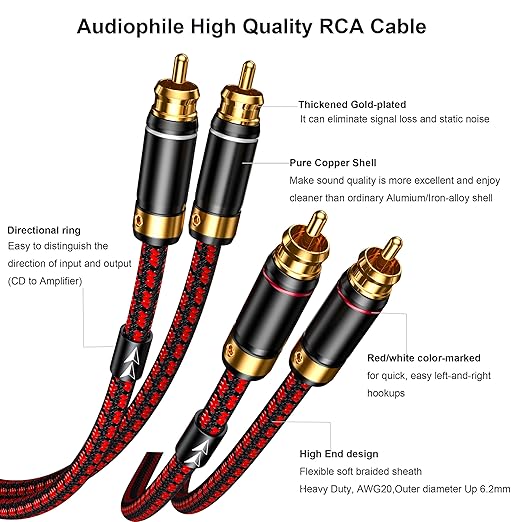 Auidophile 2RCA Male to 2RCA Male Stereo Audio Cable,Gold Plated | 4N Oxgen-Free Copper Core (6 Feet (2M))