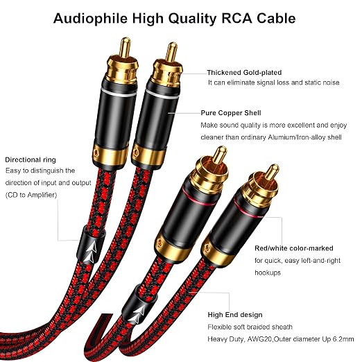 Auidophile 2RCA Male to 2RCA Male Stereo Audio Cable,Gold Plated | 4N Oxgen-Free Copper Core (2.5 Feet (0.75M))