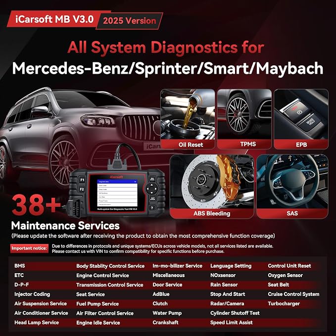 iCarsoft MB V3.0 Bidirectional Diagnostic Tool for Mercedes-Benz/Sprinter/Smart/Maybach 38+ Service All Systems OBD2 Scanner Quick Scan Battery Test Full Actuation Test Auto VIN Free Lifetime Update
