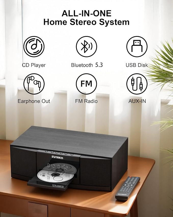 JA-318 CD Player Stereo System for Home, 36W RMS HiFi Bluetooth 5.3 CD Player with Speakers, FM Radio 40 Presets, USB/AUX Playback, LED Clock & Alarm, IR Remote Control, Modern Black Wood