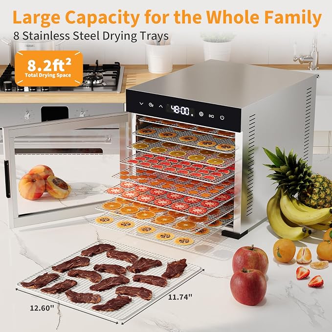 DUMOS Electric Food Dryer Dehydrator, 500W Power, 8 Stainless Steel Trays, 24H Timer, 185°F Temperature Control, Ideal for Jerky, Fruit, Meat, Herbs and Dog Treats