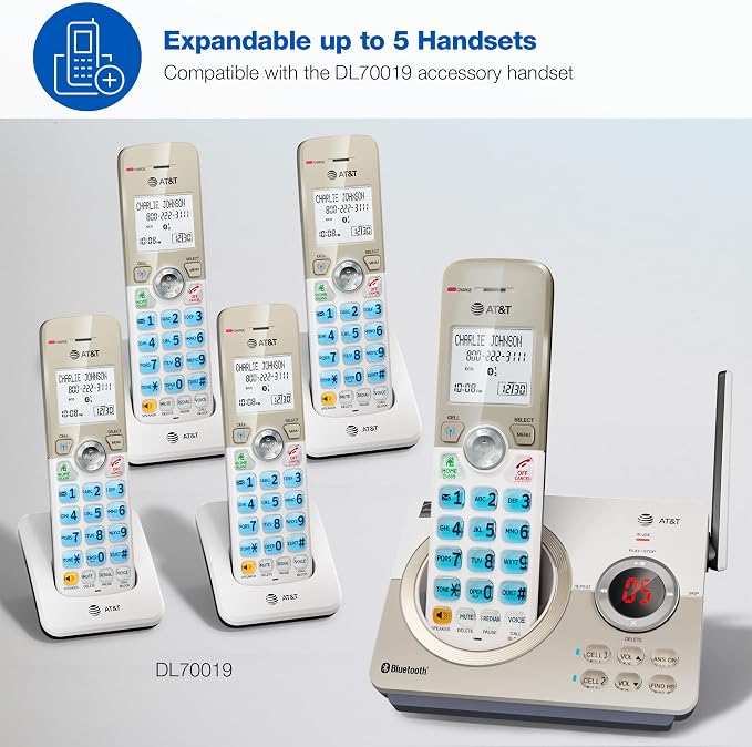 AT&T DECT 6.0 Cordless Phone, 4-Handset – Smart Call Blocker, Bluetooth Connect to Cell, Answering Machine, 1.8" Backlit Display | DL72419
