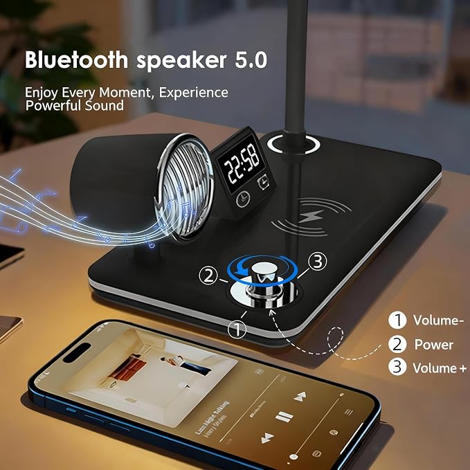 LED Desk Lamp for Home Office, 4-in-1 Modern Desk Light with 15W Wireless Charger, Bluetooth Speaker & Digital Clock, 3 Color Modes Eye-Caring Study Reading Lamp, Flexible Gooseneck, Black
