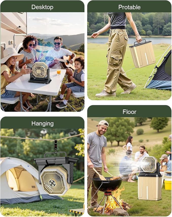 Portable Misting Fan, 24000mAh Camping Fan with 8L Bucket, 12Hrs Mist Rechargeable Fans, 60‌Hrs Cooling Battery Powered Fans with 2 Spray Modes, 3 Winds, 68LED Lights for Outdoor Garden, Worksites