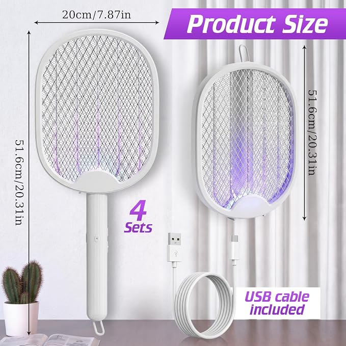 4 Pcs Foldable Electric Fly Swatter 2 in 1 Mosquito Swatter 1200mah Battery Rechargeable Bug Zapper Racket USB Handheld with 3 Layer Safety Mesh for Camping Backyard Patio Travel Home Office