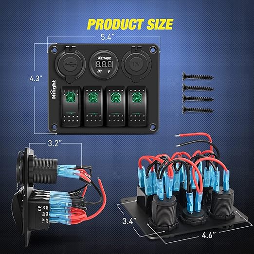 Nilight 4Gang Rocker Switch Panel with USB Charger Voltmeter and Cigar Lighter 12V 24V Toggle ON Off Green Night Glow Stickers for Cars Rvs Trucks