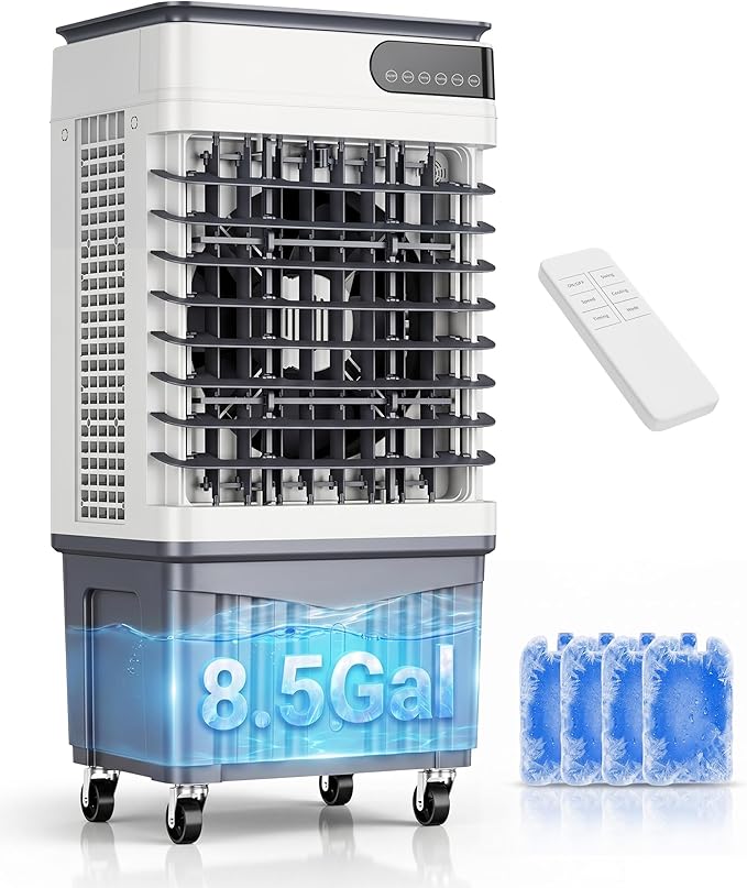 Swamp Cooler Air Conditioners, 2500 CFM Large 8.5-Gal Water Tank for 3d Cooling, 4-IN-1 Portable Evaporative Cooler with Touch Screen, 3 Fan Speeds, Timer and Remote, 650 sq ft, Ideal for Large Rooms