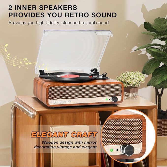Vinyl Record Player with Speakers,3 Speed Turntable with Latest Bluetooth 5.3, Aux Input, Headphone Jack, RCA Output and Auto Stop, Mirror Vintage Wooden Brown