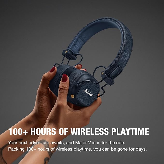 Marshall Major V Wireless On-Ear Bluetooth Headphones - 100+ Hr Playtime | Detachable Audio Cable | Microphone for Calls | Lightweight, Foldable Design for Travel - Midnight Blue