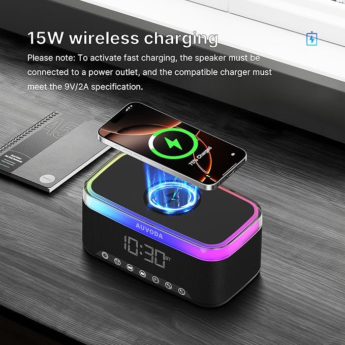 S300 Portable Bluetooth Speaker, 16 W Stereo, BT 5.3, TWS Pairing | 15 W Wireless Charging, 13-Color Night Light, Alarm Clock, TF AUX Inputs, Ideal for PC Smartphone Home Bedroom Office