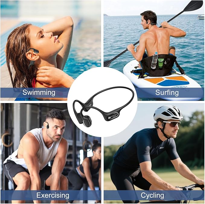 IP68 Waterproof Swimming Headphones, Bone Conduction Bluetooth 6.0 Headphones, Built-in 32GB MP3 Player, Soft Lightweight Open-Ear Design for Swimming Marathons Showers Cycling(Black