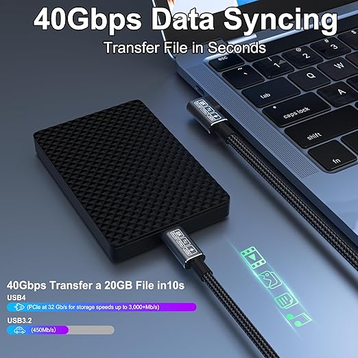 Short USB-C Thunderbolt 4 Cable - 240W Right Angle, 40Gbps Data & 8K Video, Compatible with USB4, Thunderbolt 3 & USB-C