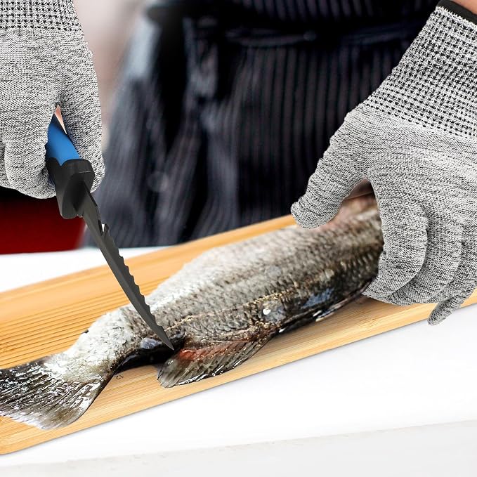 6 Pcs Fish Cleaning Kit Include Cutting Board Fish Fillet Boards with Clamp 2 Knife Cut Resistant Gloves Scale with Built in Measuring Tape Sharpening Rod (Classic)