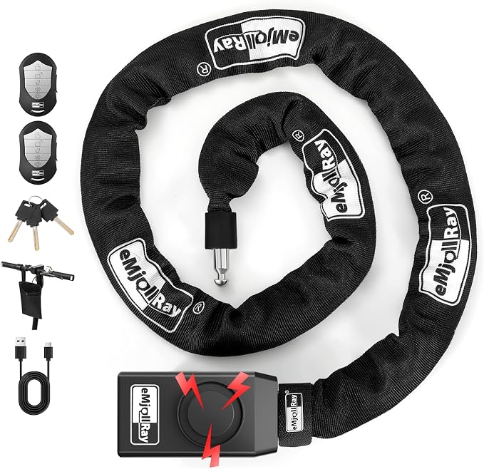 Anti-Theft Bike Alarm Chain Lock,Bike Lock 110dB Security 8mm x 4ft Chain Lock with Key & Remote Control Heavy Duty Steel Rechargeable E-Bike Scooter Bike Lock (Storage Bag Included)