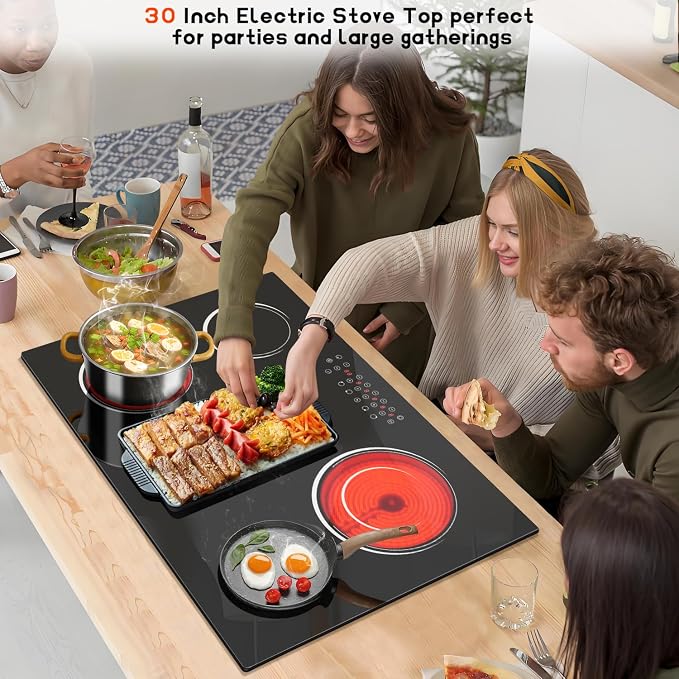30 Inch Electric Cooktop 5 Burner 8400W Electric Stove 30 Inches Built-in Ceramic Stovetop with Touch Control, Timer, 9 Power Level, Safety Lock & Pause, 220V-240V Hard Wird (No Plug)