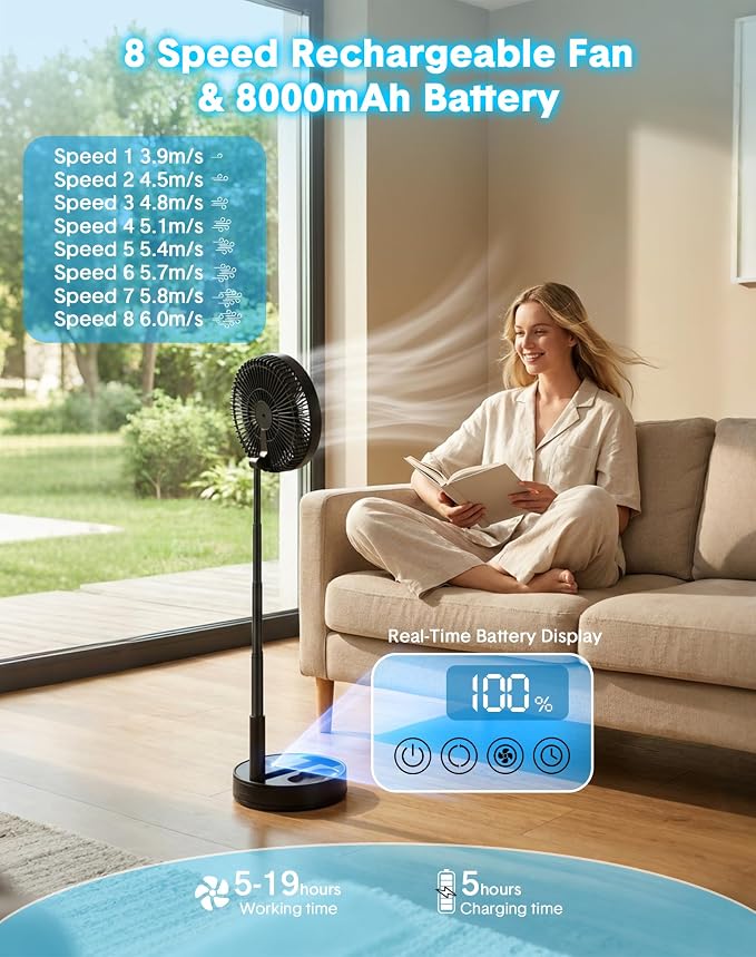 Portable Standing Oscillating Rechargeable Fan - 8" 8000mah Battery Operated USB Fans for Bedroom Quiet Remote Folding Pedestal Floor Ventilador Foldable Table Desk Room Office Camping Cruise Travel
