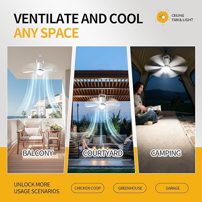 HZZ 16.5'' Ceiling Fan with Light, 10800mAh Rechargeable Battery, USB-C Fast Charge, DC Brushless Quiet Fan, RF Remote, 3 Installation Modes, for Gazebo, Patio, Camping Tent, Garage, RV, Emergency Use