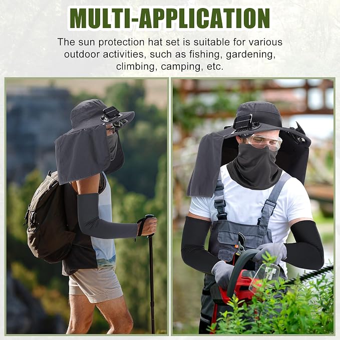 3 Pcs Solar Fan Hat with Arm Sleeves Neck Gaiter Wide Brim Sun Hat Solar Powered USB Charging for Men Women