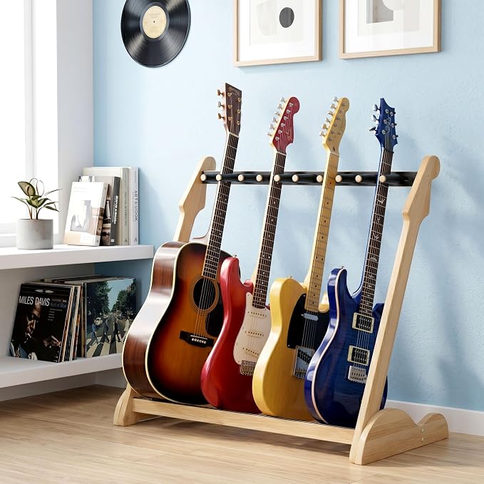 Guitar Stand Rack, Multi-Guitar Display Rack Adjustable Bamboo Guitars Holder Electric Guitar Stands Floor Storage for Bass Acoustic, Home Studio, Band Stage (Natural-B)