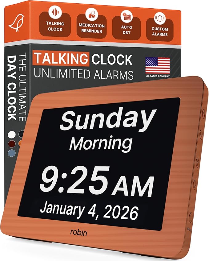 Robin Day Clock 2026 for Seniors, 8" Large Digital Calendar Dementia Clock with Talking Function, Alarms, Easy-to-Read Display for Elderly, Day Date Time, Medication Reminder, DST, Brown Wood