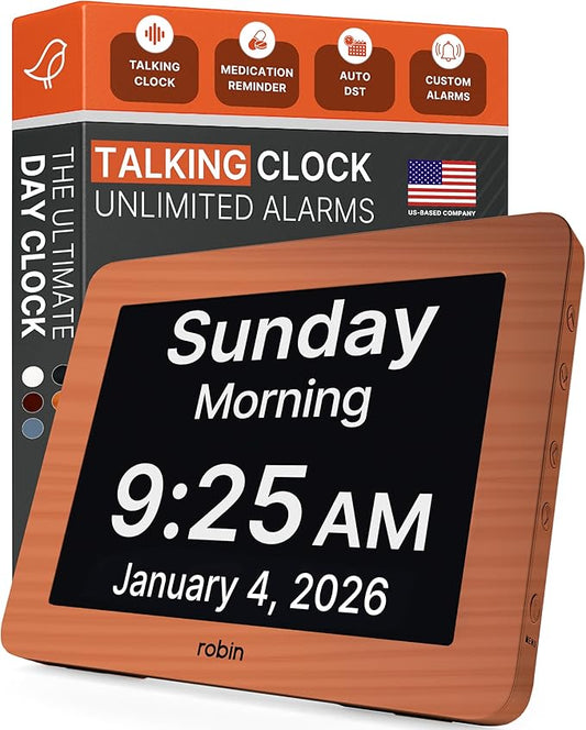 Robin Day Clock 2026 for Seniors, 8" Large Digital Calendar Dementia Clock with Talking Function, Alarms, Easy-to-Read Display for Elderly, Day Date Time, Medication Reminder, DST, Brown Wood