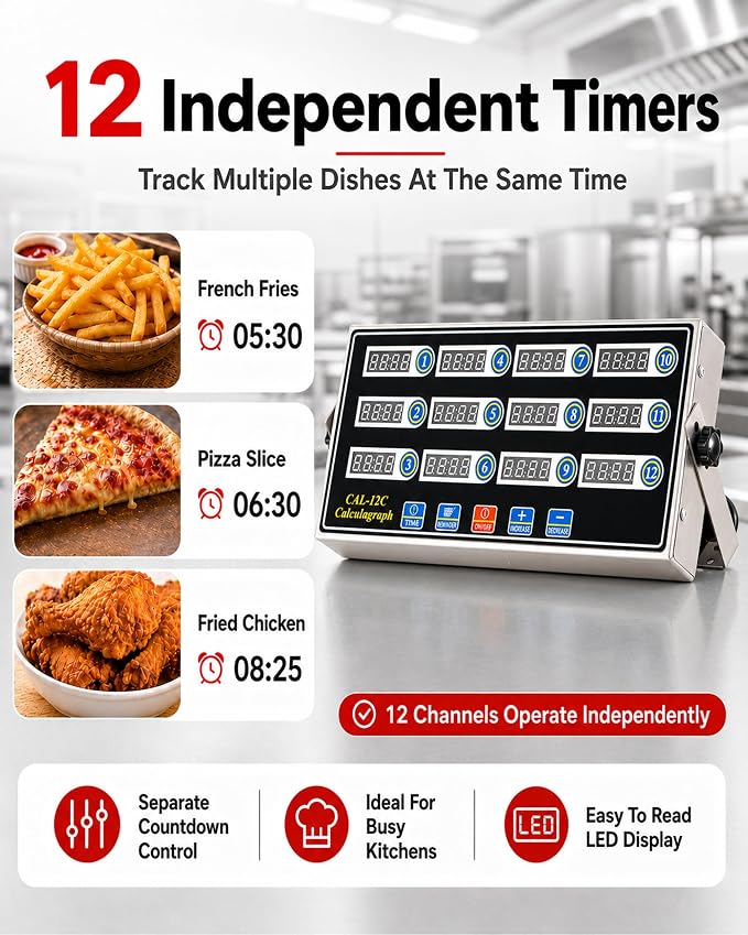 Commercial 12 Channels Digital Kitchen Timer, Stainless Steel Calculagraph Timer with Loud Alarm for Restaurant, Clock Reminder on Multiple Events