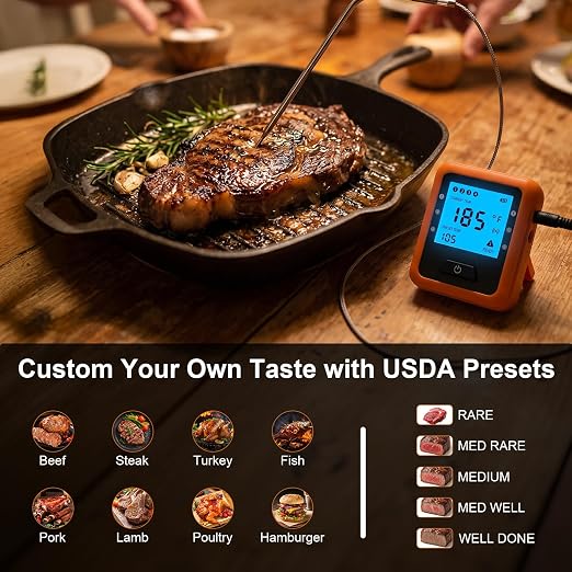 Wireless Meat Thermometer Digital for Outside Grilling BBQ Oven and Smoking, 4 Meat Probes Grill Thermometer for Home Chefs Cooking Turkey Fish Beef Bluetooth 330ft Range Temp Sensors