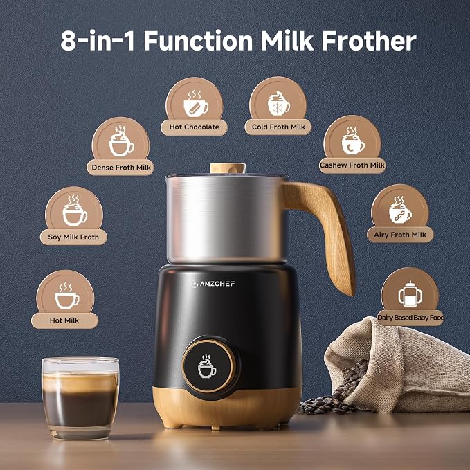 AMZCHEF 21 oz 8-in-1 Milk Frother, 550W Split Stainless Steel Automatic Steamer, Milk Warmer for Latte, Cappuccino, Hot Chocolate, Hot/Cold Froth, Heated Milk & Baby Food, Wood & Black