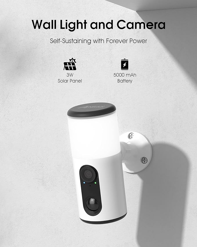 ANRAN Solar Security Cameras Wireless Outdoor with Light,2K Porch Floodlight Camera with Color Night Vision & AI Motion Detection,2-Way Talk Spotlight Siren Alarm,Compatible with Alexa