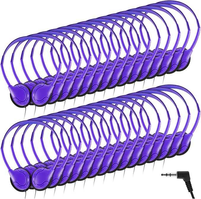 Yunsailing 30 Pack Bulk Over Ear Headphones Set On Ear Headsets Earphones with Adjustable Headband and 3.5mm Plug for Group Learning, Computer Lab, Library, Online Lesson (Purple)