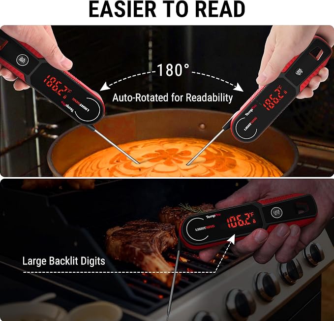 TempPro Lightning 1-Sec Instant Read Meat Thermometer, Kitchen Food Thermometer with 180° Rotating Display, IP67 Waterproof Cooking Thermometer for Deep Fry Smoker BBQ Grill (Previously ThermoPro)