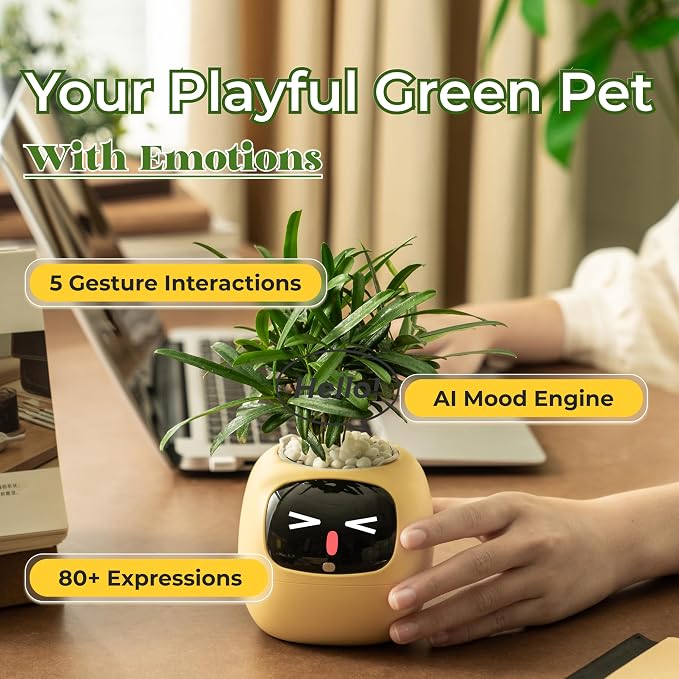 PLANTSIO Ivy AI Smart Planter Intelligent Flower Pot for Home Decoration Plants Companion Neat Desk Setup Gift Pet Planter Robot Guidance on Plant Care with Emojis (Orange)