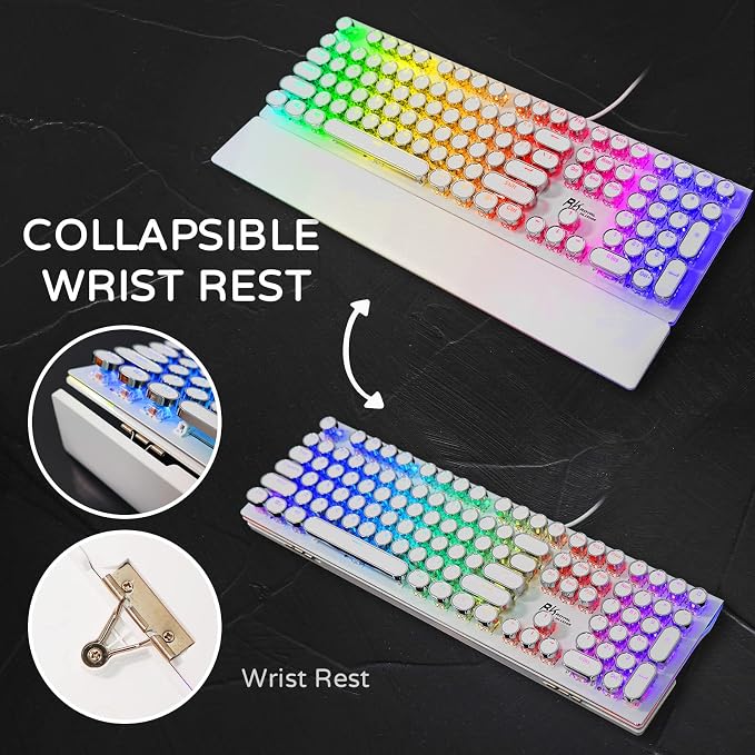 RK ROYAL KLUDGE S108 Typewriter Mechanical Keyboard, Full RGB Gaming Keyboard, Wired PC Game Keyboards with Detachable Wrist Rest and Number Pad, Retro Round Keycaps, Brown Switch White