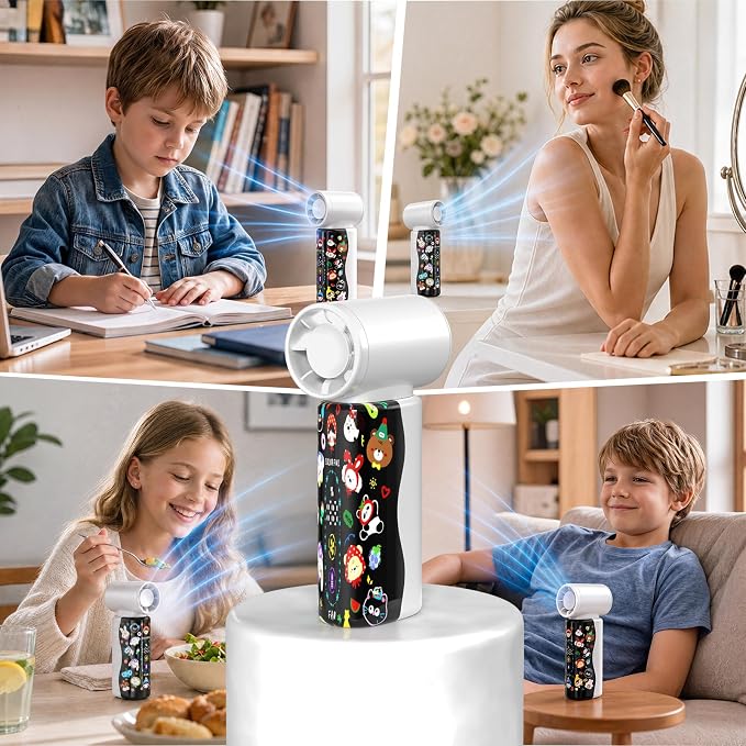 R-fun 2026 Mini Handheld Fan, 18000 RPM High-Speed Turbo Personal Fan with 100 Adjustable Speeds, Flexible Curved Color Screen, Portable Pocket Fan for Travel, Office, Outdoor - Cute Cartoon Design