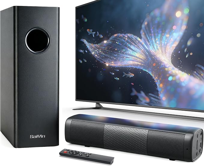Saiyin 11.7" Sound Bar with Subwoofer, Deep Bass, Bluetooth/AUX/Optical | 2.1CH Surround Sound for TV, 40W Subwoofer, 88W Peak Power, Perfect for Small TVs/PC Monitors/Rooms/Home Offices/Kitchens/RVs