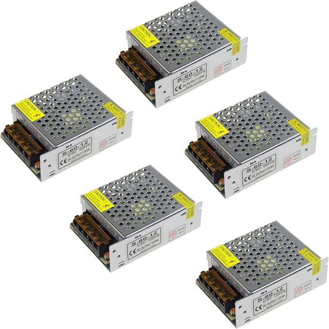 ALITOVE 12V Power Supply 5A AC Adapter Universal Regulated Switching Transformer AC110V to DC 12V 5amp 60W Converter for LED Strip Light CCTV Camera Security System (5 Pack)