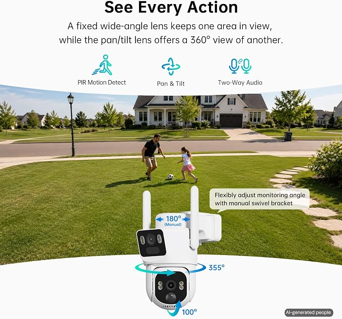 ELYSOO Dual Lens 4G LTE Cellular Security Camera, 2K HD Video, No WiFi Needed, 360° View Camera with Night Vision, Easy to Install, PIR Alarm, Built-in SIM Card(Supports Verizon/AT&T/T-Mobile) - White