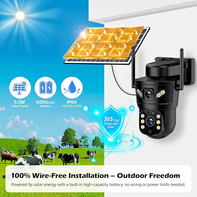 3K Solar Security Camera Wireless,270°Pan 90°Tilt Auto Tracking,WiFi Cam,PIR&AI Human Detection,Color Night Vision,10XZoom,2-Way Audio,128GB SD/Cloud Storage,Waterproof IP66,5.5W Solar Panel