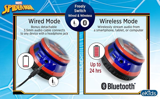 eKids Spiderman Wireless Bluetooth Portable Headphones with Microphone, Volume Reduced to Protect Hearing Rechargeable Battery, Adjustable Kids Headband for School Home or Travel