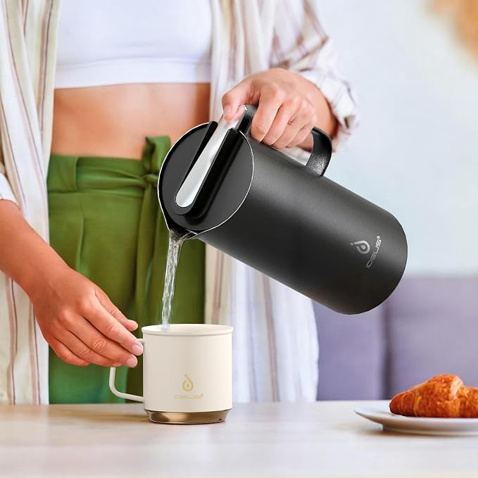 IDEUS Thermal Coffee Carafe 50oz (1,400ml), Stainless Steel Double Wall Insulated Vacuum Flask, Water Jug Coffee Server and Beverage Dispenser, Heat and Cold Retention, Black